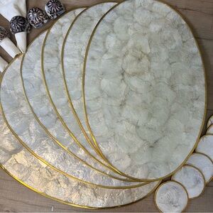 VTG Mother of Pearl Capiz 6 Placemat 6 Coaster 5 Napkin Ring Sea Shell Foam Back